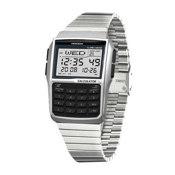 Telefonkönyves többfunkciós számológépes óra, 40 mm-es négyzetes számlappal, elektronikus működés, műanyag tok és szíj, nem vízálló