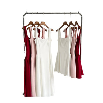 Рокля с презрамки в френски стил, висока талия, памук, цип (Памук; Висока талия; Цип; Презрамки; Френски стил)