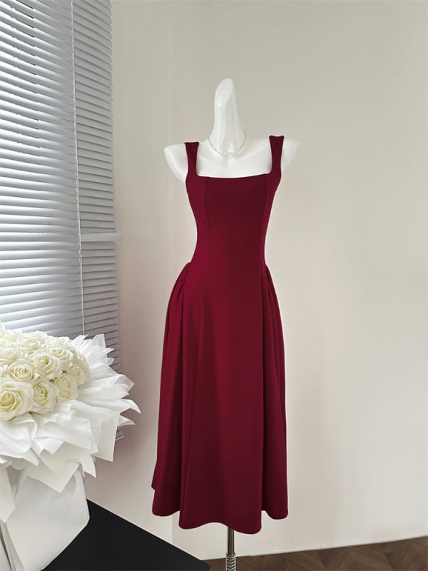 Рокля с презрамки в френски стил, висока талия, памук, цип (Памук; Висока талия; Цип; Презрамки; Френски стил)