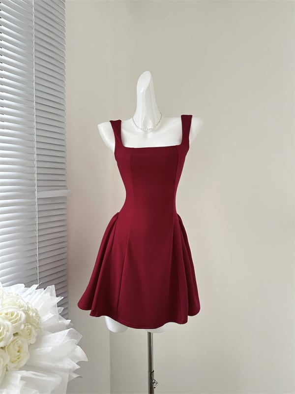 Рокля с презрамки в френски стил, висока талия, памук, цип (Памук; Висока талия; Цип; Презрамки; Френски стил)