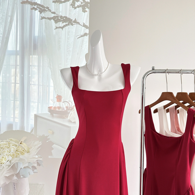 Рокля с презрамки в френски стил, висока талия, памук, цип (Памук; Висока талия; Цип; Презрамки; Френски стил)