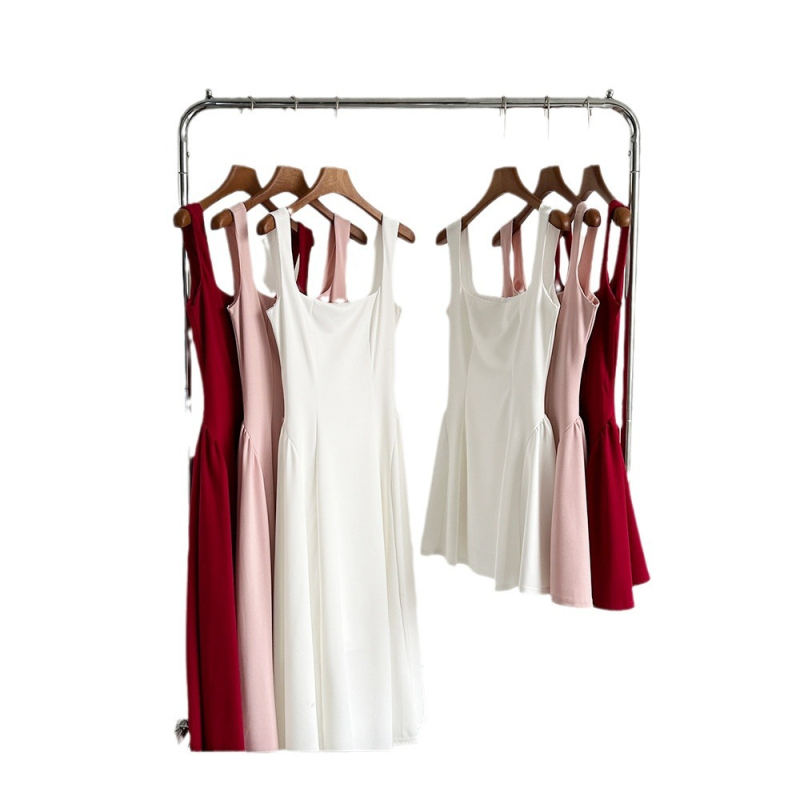 Рокля с презрамки в френски стил, висока талия, памук, цип (Памук; Висока талия; Цип; Презрамки; Френски стил)