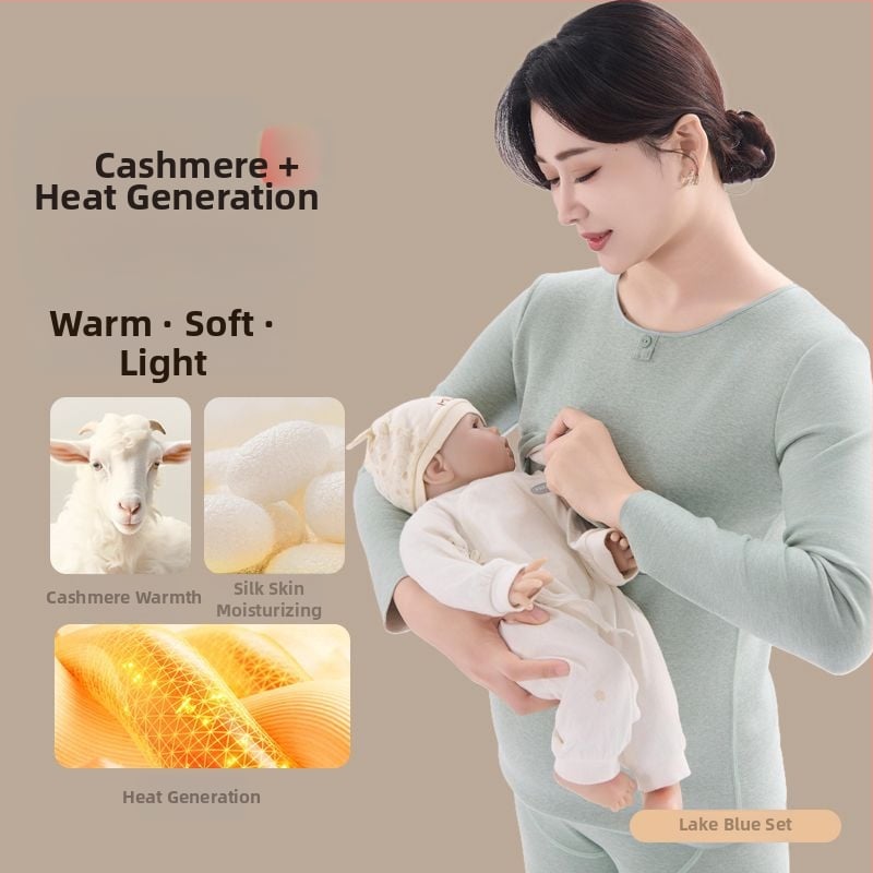 Комплект майчин термо бельо с функция за кърмене, дебела пижама за есенно-зимния период — полиестер 70–80%, кръгло деколте, дълги ръкави, дълги панталони, 251–300 г/м²
