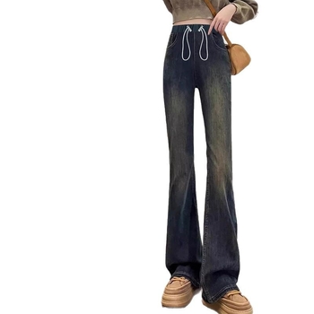 Майчински деним панталони с джобове, шнур за връзване, разширяващ се крачол, коремна опора