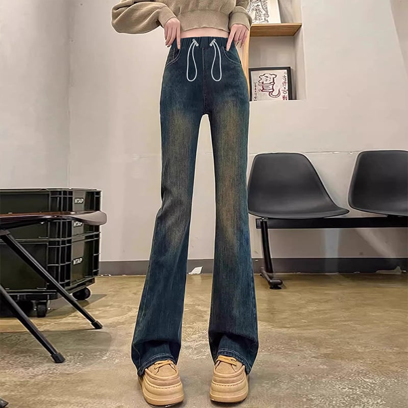 Майчински деним панталони с джобове, шнур за връзване, разширяващ се крачол, коремна опора