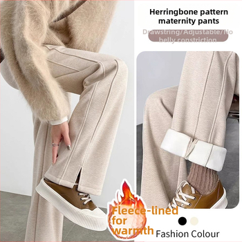 Панталони за бременни — широки дълги, висока талия, с връзка, Chenille памук-смес, 70–80% памук и 30–50% полиестер, дебела материя за есенно-зимни условия, херингбонова шарка