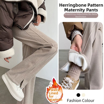 Панталони за бременни — широки дълги, висока талия, с връзка, Chenille памук-смес, 70–80% памук и 30–50% полиестер, дебела материя за есенно-зимни условия, херингбонова шарка