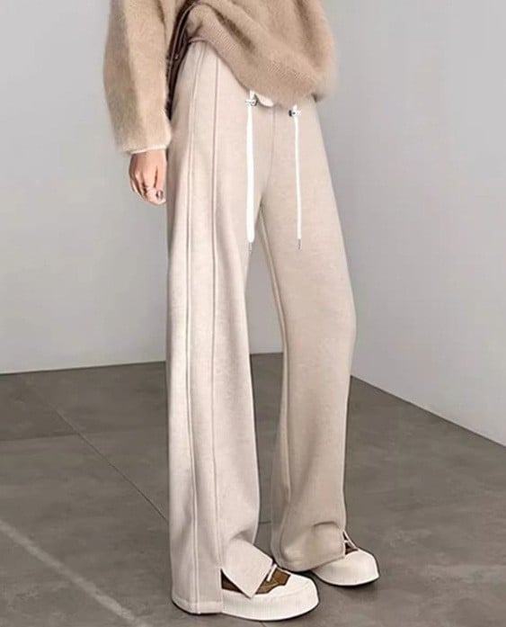 Панталони за бременни — широки дълги, висока талия, с връзка, Chenille памук-смес, 70–80% памук и 30–50% полиестер, дебела материя за есенно-зимни условия, херингбонова шарка