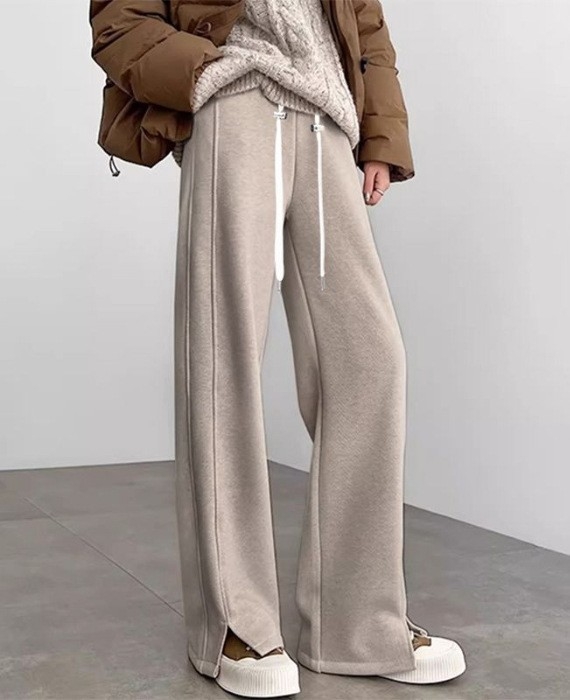 Панталони за бременни — широки дълги, висока талия, с връзка, Chenille памук-смес, 70–80% памук и 30–50% полиестер, дебела материя за есенно-зимни условия, херингбонова шарка