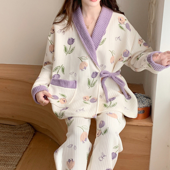 Тричастен майчин комплект пижами с кардиган за кърмене, въдушен памук, 100% полиестер, дълги ръкави, панталони, есен 2025