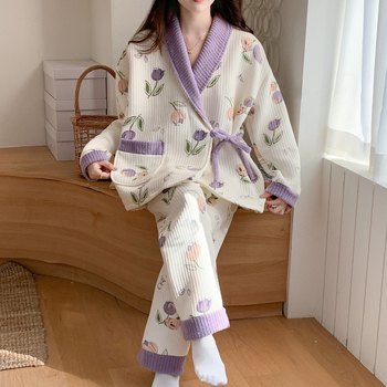 Тричастен майчин комплект пижами с кардиган за кърмене, въдушен памук, 100% полиестер, дълги ръкави, панталони, есен 2025