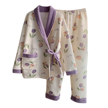 Тричастен майчин комплект пижами с кардиган за кърмене, въдушен памук, 100% полиестер, дълги ръкави, панталони, есен 2025