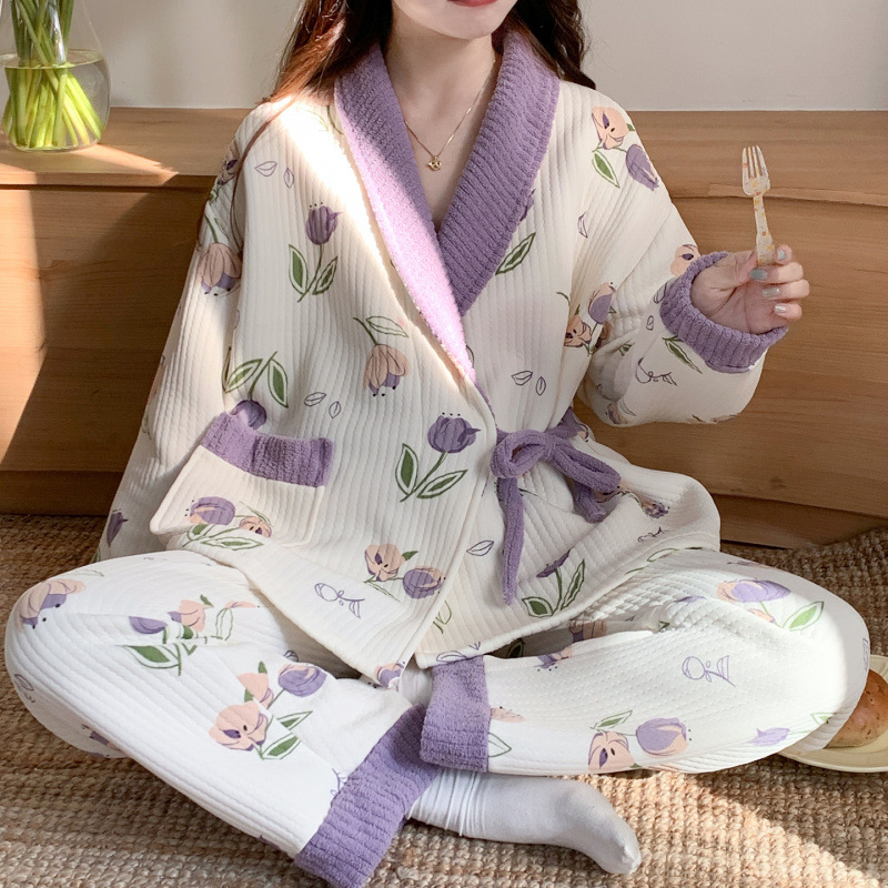Тричастен майчин комплект пижами с кардиган за кърмене, въдушен памук, 100% полиестер, дълги ръкави, панталони, есен 2025