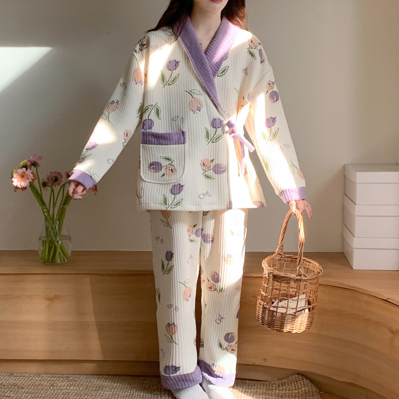 Тричастен майчин комплект пижами с кардиган за кърмене, въдушен памук, 100% полиестер, дълги ръкави, панталони, есен 2025