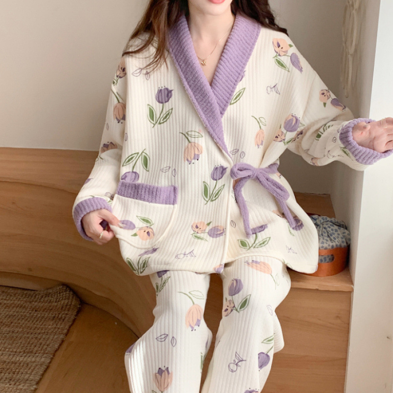 Тричастен майчин комплект пижами с кардиган за кърмене, въдушен памук, 100% полиестер, дълги ръкави, панталони, есен 2025