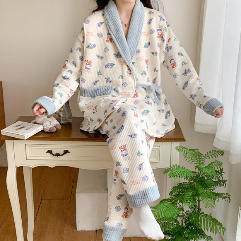 Тричастен майчин комплект пижами с кардиган за кърмене, въдушен памук, 100% полиестер, дълги ръкави, панталони, есен 2025