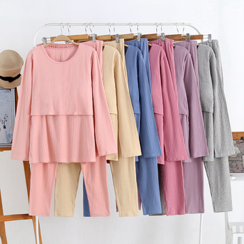 Пижамен комплект за майчинство и кърмене — дълъг ръкав горна част + панталони, 100% памук, кръгло деколте, достъп за кърмене, подходящ за зима, пролет и есен