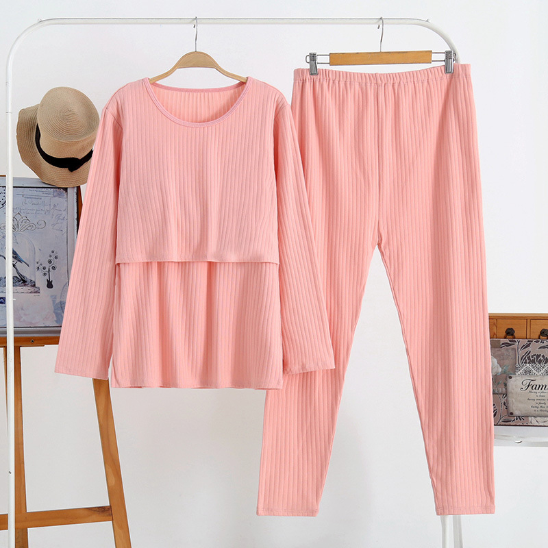 Пижамен комплект за майчинство и кърмене — дълъг ръкав горна част + панталони, 100% памук, кръгло деколте, достъп за кърмене, подходящ за зима, пролет и есен