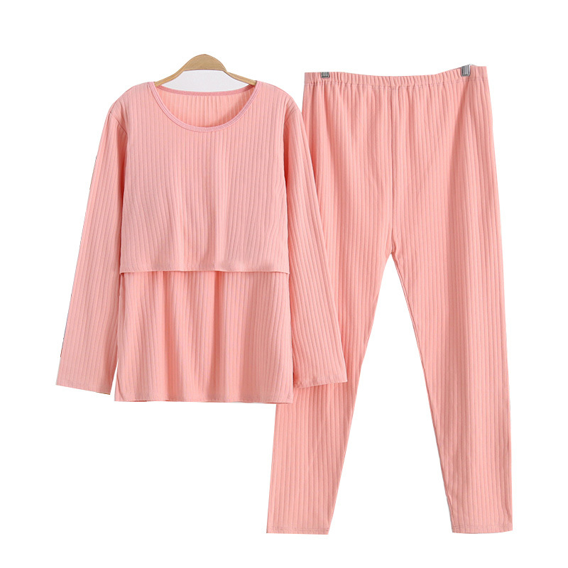 Пижамен комплект за майчинство и кърмене — дълъг ръкав горна част + панталони, 100% памук, кръгло деколте, достъп за кърмене, подходящ за зима, пролет и есен