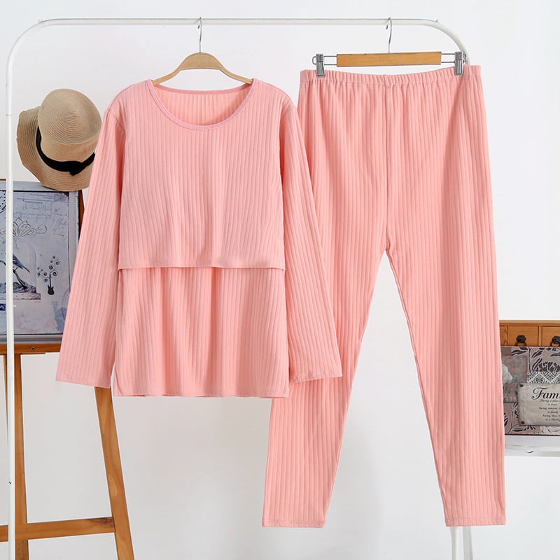 Пижамен комплект за майчинство и кърмене — дълъг ръкав горна част + панталони, 100% памук, кръгло деколте, достъп за кърмене, подходящ за зима, пролет и есен