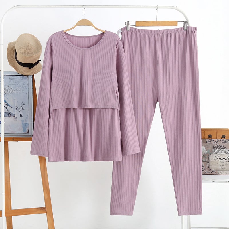 Пижамен комплект за майчинство и кърмене — дълъг ръкав горна част + панталони, 100% памук, кръгло деколте, достъп за кърмене, подходящ за зима, пролет и есен