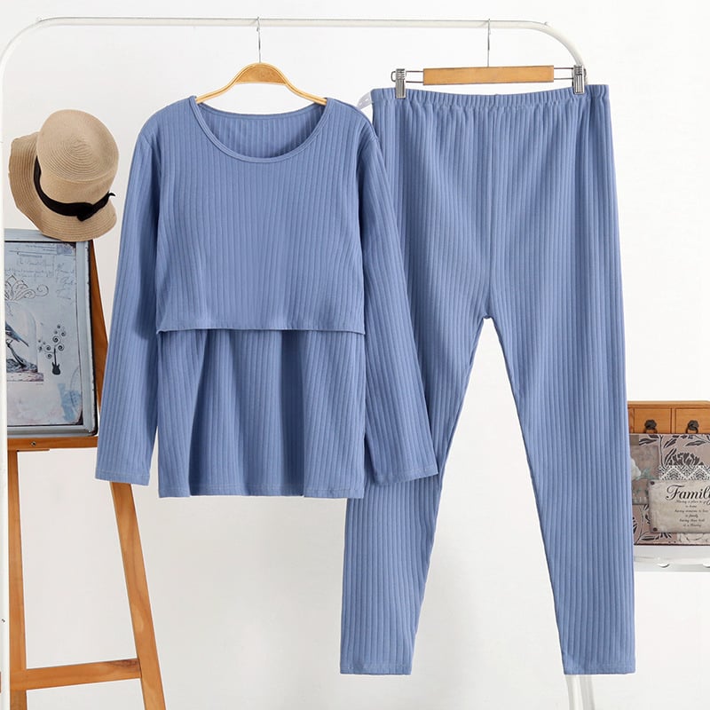 Пижамен комплект за майчинство и кърмене — дълъг ръкав горна част + панталони, 100% памук, кръгло деколте, достъп за кърмене, подходящ за зима, пролет и есен