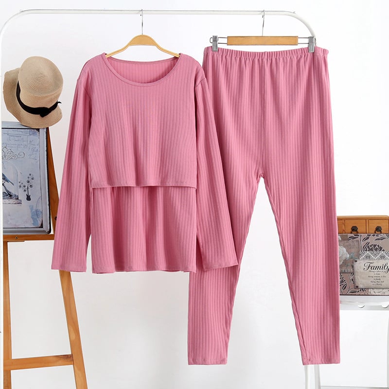 Пижамен комплект за майчинство и кърмене — дълъг ръкав горна част + панталони, 100% памук, кръгло деколте, достъп за кърмене, подходящ за зима, пролет и есен