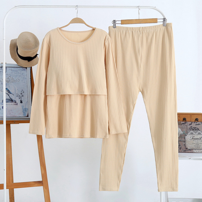 Пижамен комплект за майчинство и кърмене — дълъг ръкав горна част + панталони, 100% памук, кръгло деколте, достъп за кърмене, подходящ за зима, пролет и есен