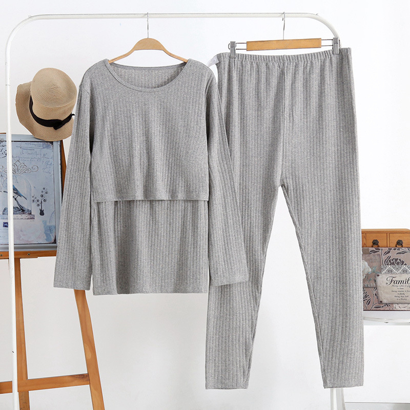 Пижамен комплект за майчинство и кърмене — дълъг ръкав горна част + панталони, 100% памук, кръгло деколте, достъп за кърмене, подходящ за зима, пролет и есен