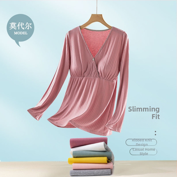 Grūtnieču laktācijas naktsveļa: garas piedurknes, pulovera stils, viskoze 90–95% (milksilk), vidējā blīvuma 181–200 g/m², piemērota visām sezonām.