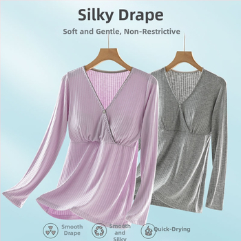 Grūtnieču laktācijas naktsveļa: garas piedurknes, pulovera stils, viskoze 90–95% (milksilk), vidējā blīvuma 181–200 g/m², piemērota visām sezonām.