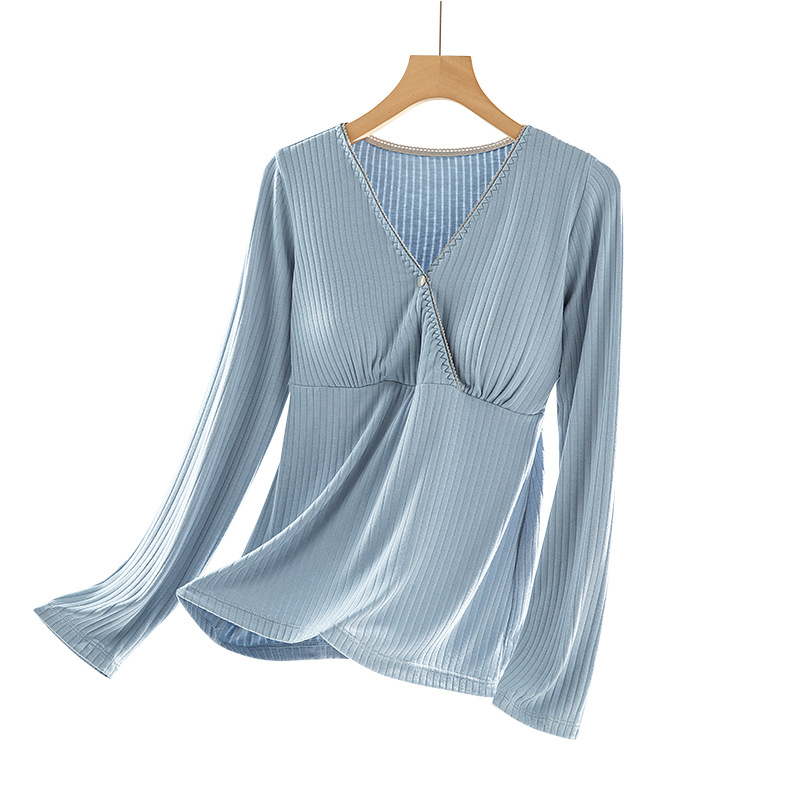 Grūtnieču laktācijas naktsveļa: garas piedurknes, pulovera stils, viskoze 90–95% (milksilk), vidējā blīvuma 181–200 g/m², piemērota visām sezonām.