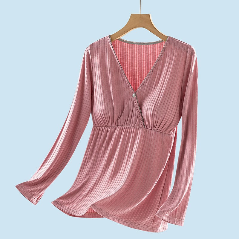 Grūtnieču laktācijas naktsveļa: garas piedurknes, pulovera stils, viskoze 90–95% (milksilk), vidējā blīvuma 181–200 g/m², piemērota visām sezonām.