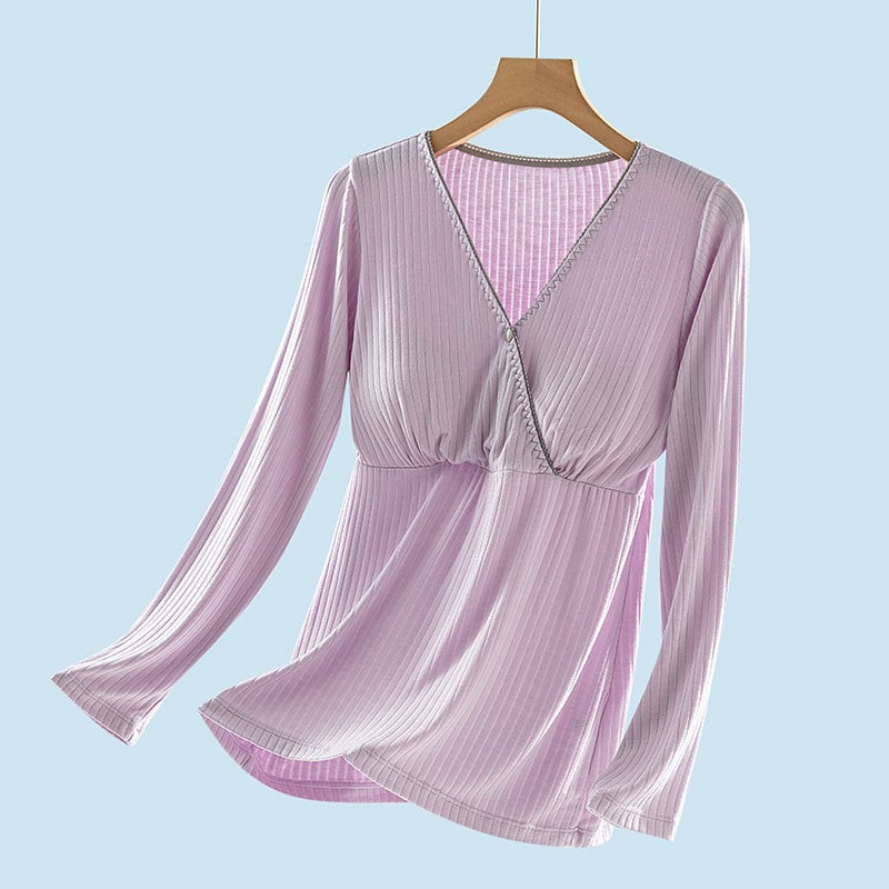 Grūtnieču laktācijas naktsveļa: garas piedurknes, pulovera stils, viskoze 90–95% (milksilk), vidējā blīvuma 181–200 g/m², piemērota visām sezonām.