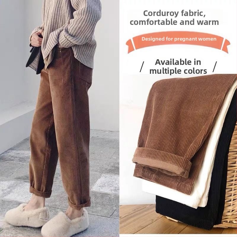 Γυναικείοι εγκυμοσύνης παντελόνια Corduroy με στήριξη κοιλιάς, μεσαίας πυκνότητας, φλίς επένδυση, φαρδύς χάρεμ στυλ, άνοιξη-χειμώνας