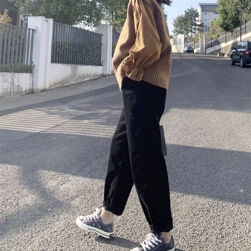 Γυναικείοι εγκυμοσύνης παντελόνια Corduroy με στήριξη κοιλιάς, μεσαίας πυκνότητας, φλίς επένδυση, φαρδύς χάρεμ στυλ, άνοιξη-χειμώνας