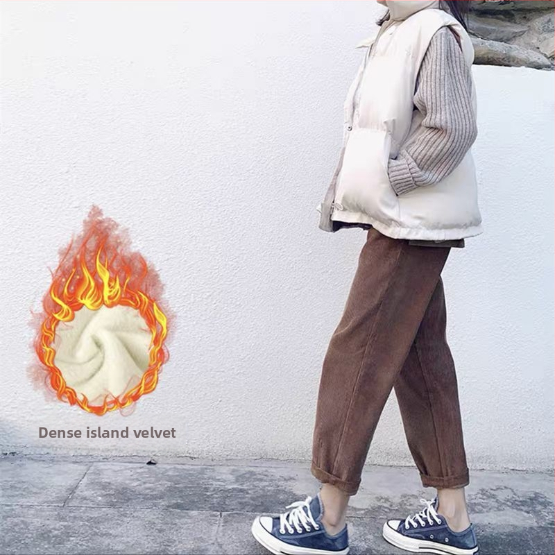 Γυναικείοι εγκυμοσύνης παντελόνια Corduroy με στήριξη κοιλιάς, μεσαίας πυκνότητας, φλίς επένδυση, φαρδύς χάρεμ στυλ, άνοιξη-χειμώνας