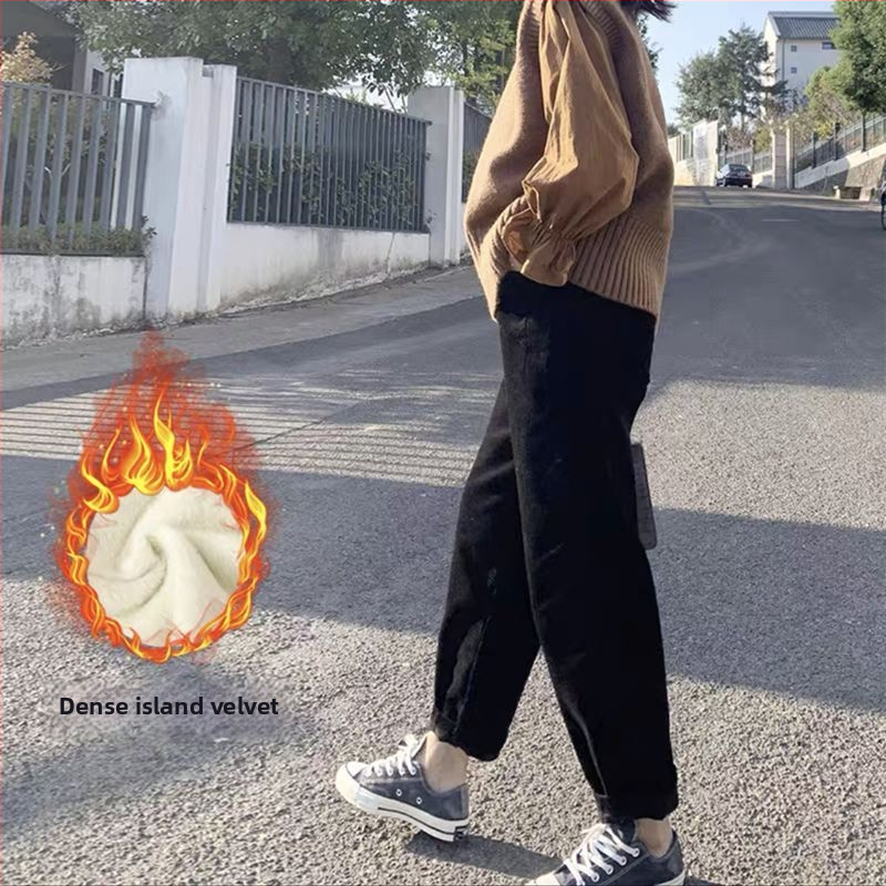 Γυναικείοι εγκυμοσύνης παντελόνια Corduroy με στήριξη κοιλιάς, μεσαίας πυκνότητας, φλίς επένδυση, φαρδύς χάρεμ στυλ, άνοιξη-χειμώνας