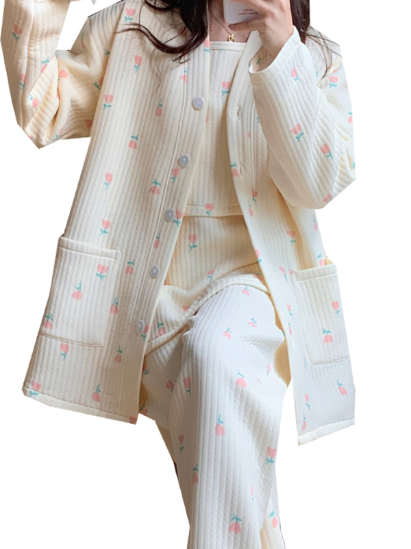 Māmiņu un zīdīšanas pidžamu komplekts no kokvilnas un poliesteres maisījuma, augu un ziedu raksts, garas piedurknes, bikses, zīdīšanas atvērums, rudens 2024