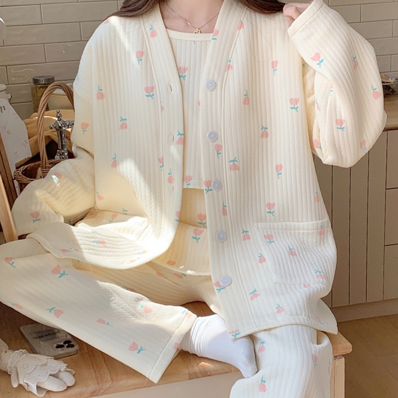 Māmiņu un zīdīšanas pidžamu komplekts no kokvilnas un poliesteres maisījuma, augu un ziedu raksts, garas piedurknes, bikses, zīdīšanas atvērums, rudens 2024