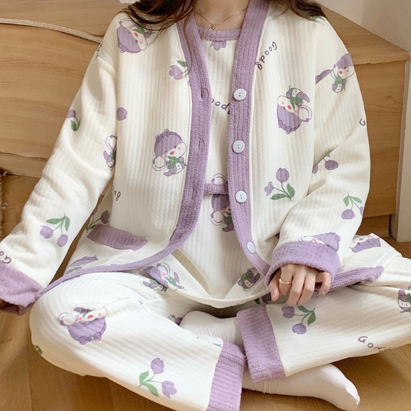 Māmiņu un zīdīšanas pidžamu komplekts no kokvilnas un poliesteres maisījuma, augu un ziedu raksts, garas piedurknes, bikses, zīdīšanas atvērums, rudens 2024