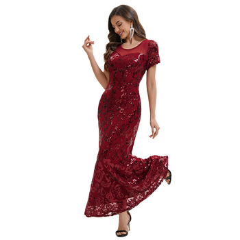 Вечерна рокля с пайети и принт с мъниста, къси ръкави, дълга пола, тясна кройка, полиестер-еластанова смес