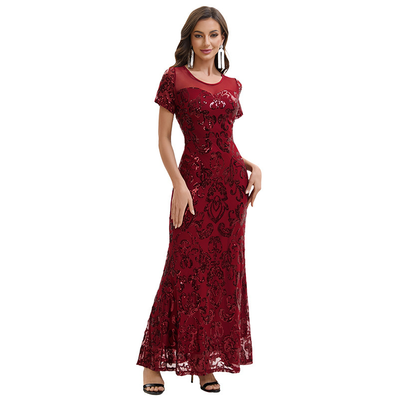 Вечерна рокля с пайети и принт с мъниста, къси ръкави, дълга пола, тясна кройка, полиестер-еластанова смес