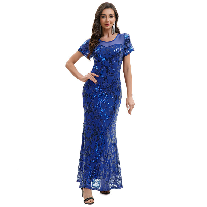 Вечерна рокля с пайети и принт с мъниста, къси ръкави, дълга пола, тясна кройка, полиестер-еластанова смес