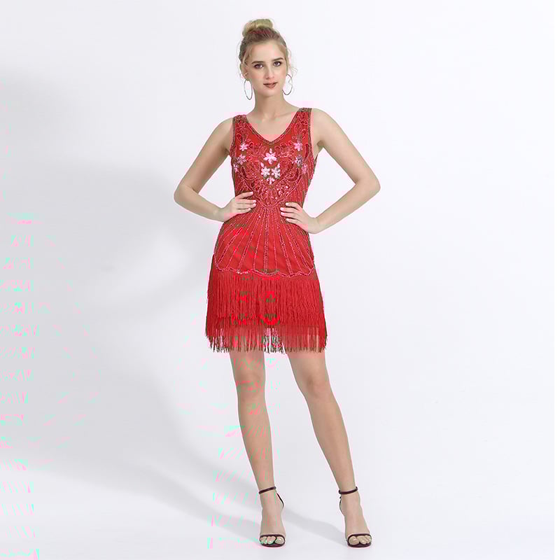 Вечерна рокля с V-образно деколте, без ръкави, къса рокля с принцеска кройка, геометрична бродерия, полиестерна газе тъкан