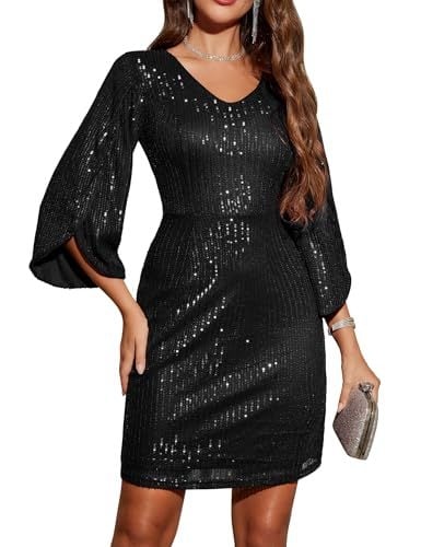 Рокля с пайети, V-образно деколте, фонарни ръкави, висока талия, дълга пола, полиестер