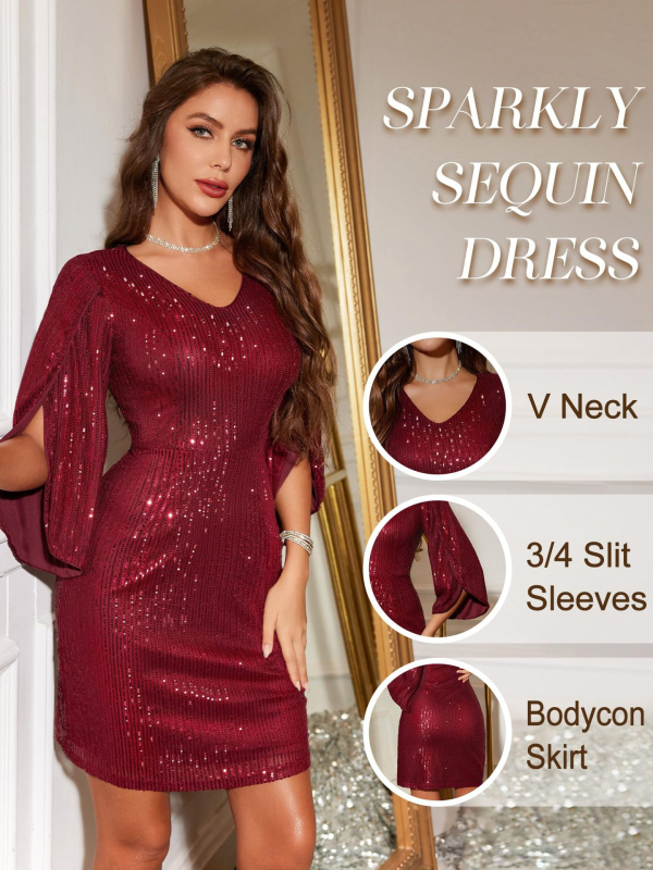 Рокля с пайети, V-образно деколте, фонарни ръкави, висока талия, дълга пола, полиестер