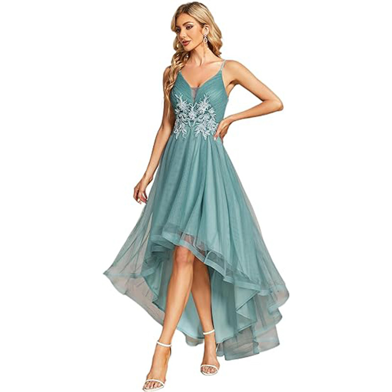 Плюс размер вечерна рокля с дълбоко V деколте, пайети, асиметричен подгъв с мрежест слой, без ръкави, А-линия, миди дължина, средна талия