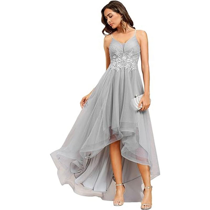 Плюс размер вечерна рокля с дълбоко V деколте, пайети, асиметричен подгъв с мрежест слой, без ръкави, А-линия, миди дължина, средна талия