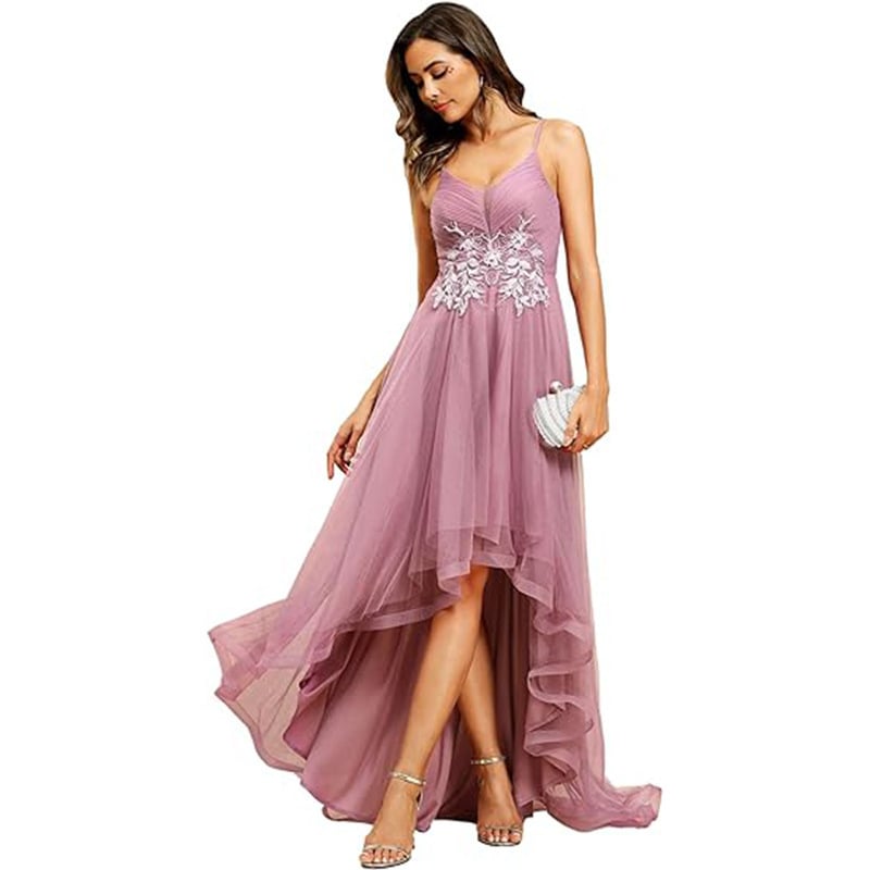 Плюс размер вечерна рокля с дълбоко V деколте, пайети, асиметричен подгъв с мрежест слой, без ръкави, А-линия, миди дължина, средна талия